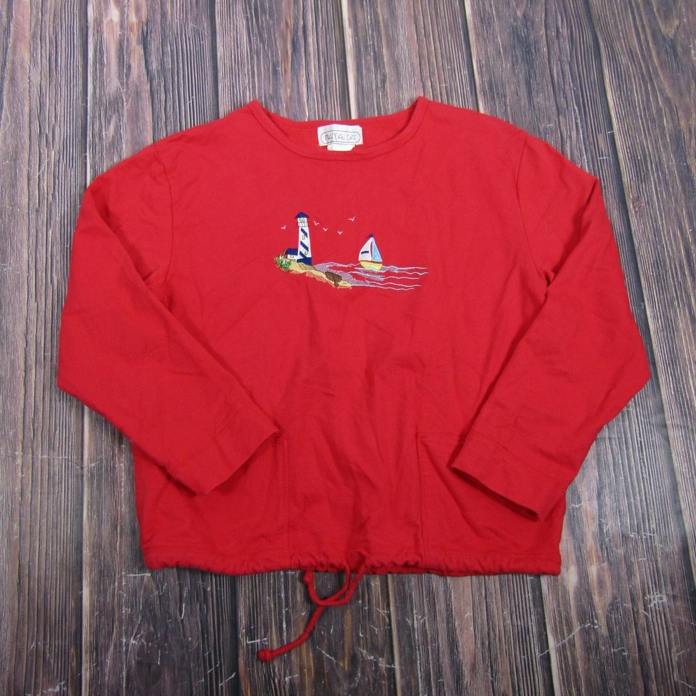 Mandal Bay Womens Medium Red Nautical Lighthouse Embroidered Cotton Sweater Top